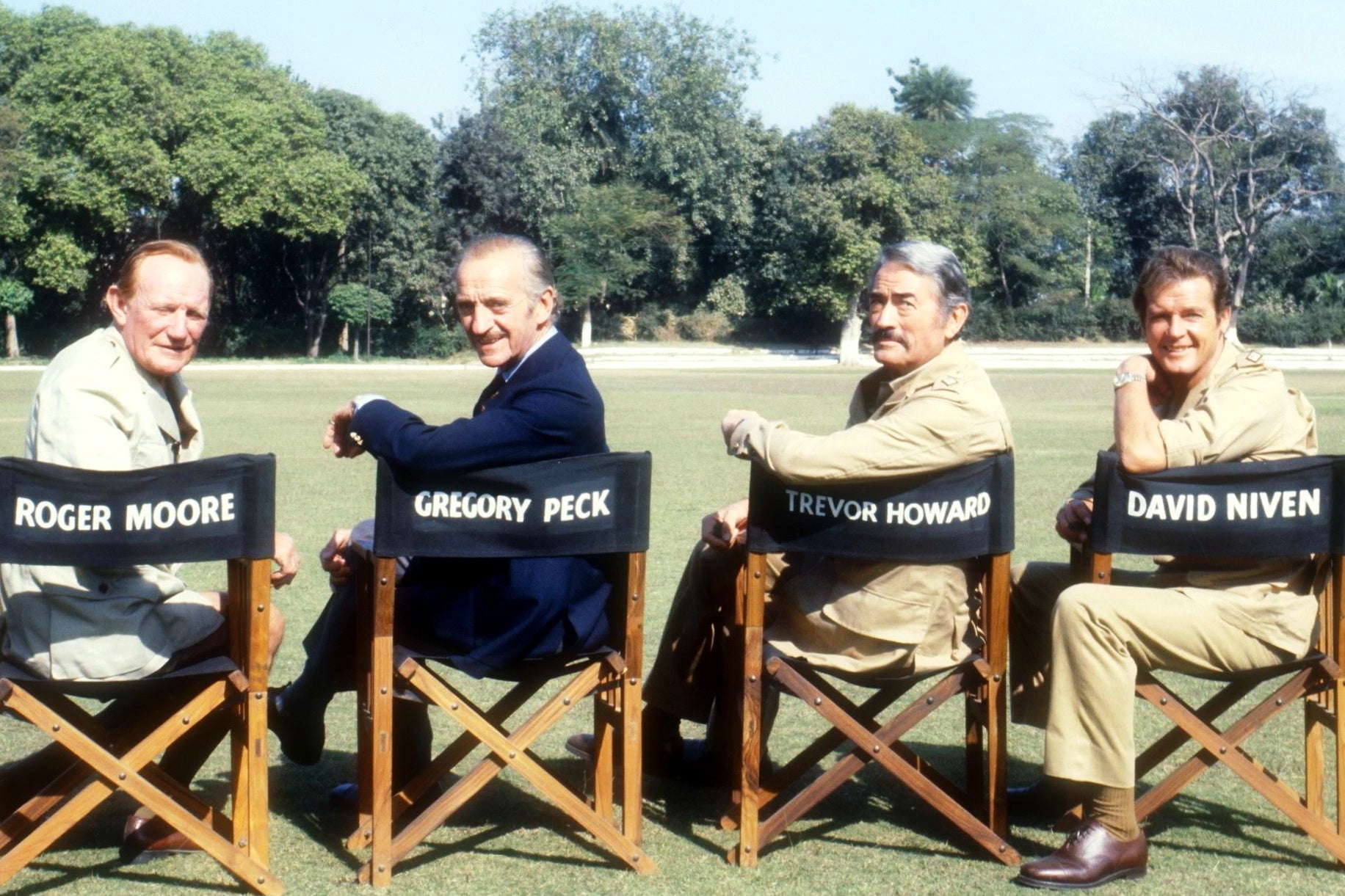 Roger Moore, Gregory Peck, David Niven und Trevor Howard 1979 in Neu Delhi/Indien